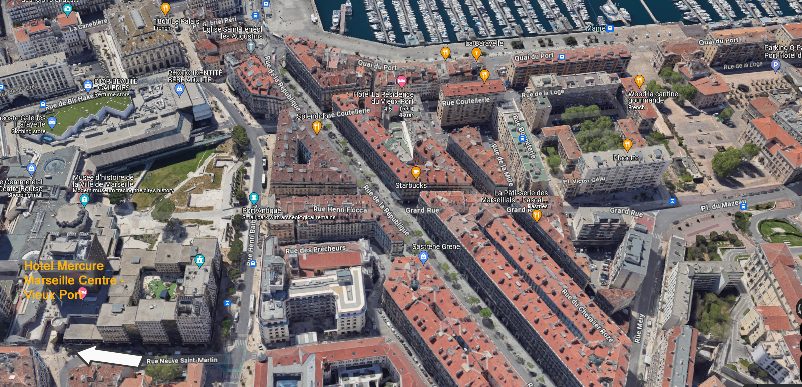 3D map of Old and Antique ports of Marseille and Mercure hotel